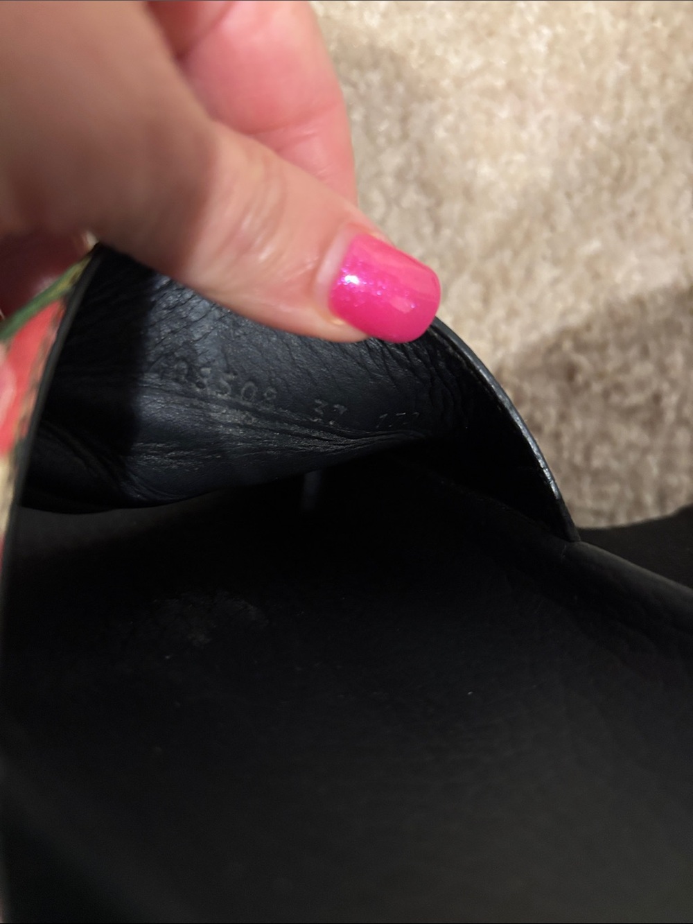 Gucci Black Slides with Pink and Green Floral Monogram Strap - Picture 7 of 8